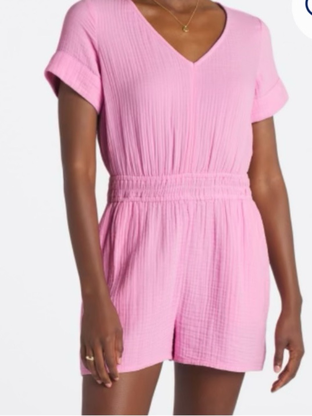 Market & Spruce Trini Pink Gauze Romper Smocked Waist Size MP
